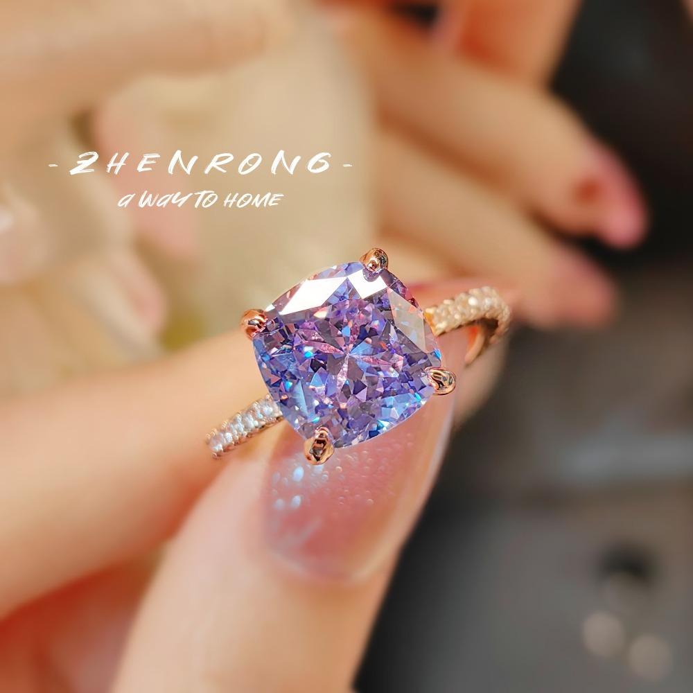 Premium Ice Cut Cushion Ring for Women Caramel Purple High Carbon Diamond Rose Gold Wedding Jewelry