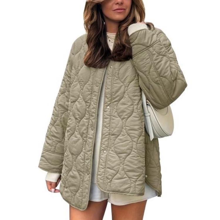 Jachetă puffer matlasată ușoară pentru femei, de iarnă, casual, outerwear, cu mânecă lungă, nasturi, căptușită, cu buzunare