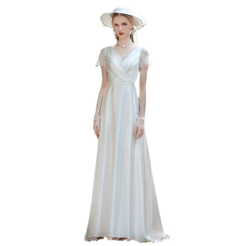 French Satin Light Wedding Dress 1011 New Bride Simple V-neck Certificate Small White Dress Lace Go Out Welcome Dress