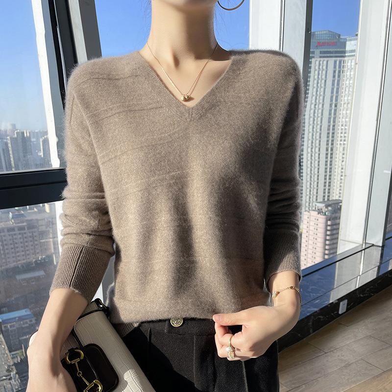 

Осень и зима V-образный вырез приталенный темпераментный тонкий вязаный свитер пуловер базовый свитер женский верхний топ для носки внутри XXL
