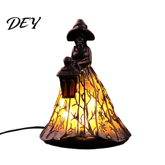 Artistic Resin Craft Ornament Halloween Witch Lamp, Stained Glass Style Gothic Table Lamp with Lantern, Handmade Interior Decor LED Night Light