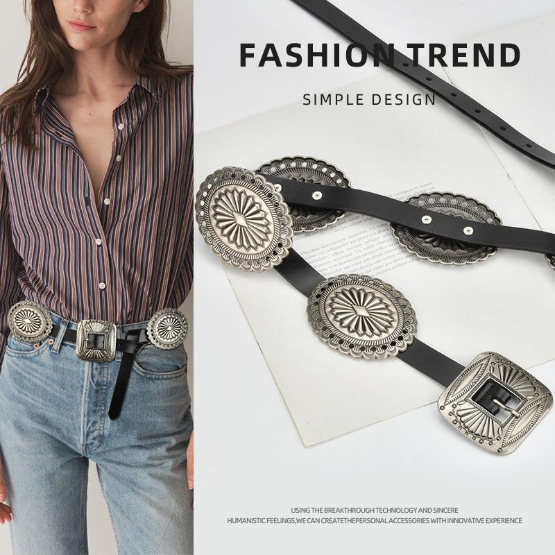 Bohemian Western Denim Women's Belt Retro Heavy Industry Carved Fashion Matching Pants Wide Waist Belt for Women