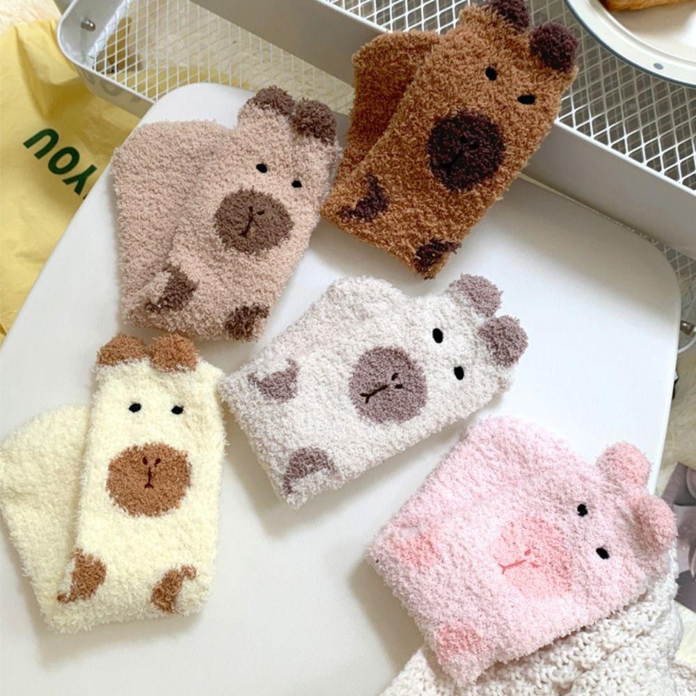 5Pairs Thicken Capybara Fleece Socks Plush Winter Floor Socks Fashion Sleeping Socks Women  Women