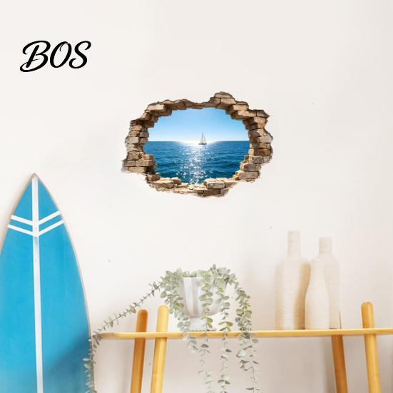 Wandaufkleber zum Abziehen und Aufkleben 3D Zerbrochener Meeresblick Aufkleber, Kokospalmen Strand Dekorative Abziehbilder, Abnehmbar Aufkleber Wasserdicht für Wohnzimmer, Schlafzimmer,