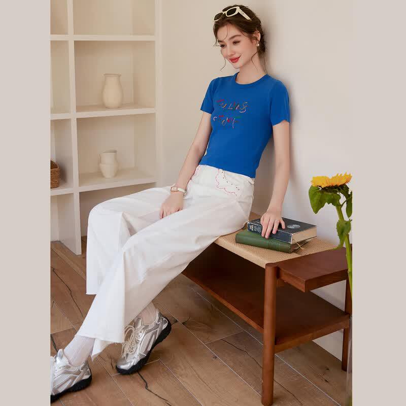 Women's Embroidered Slim Fit Short Sleeve Knit Top