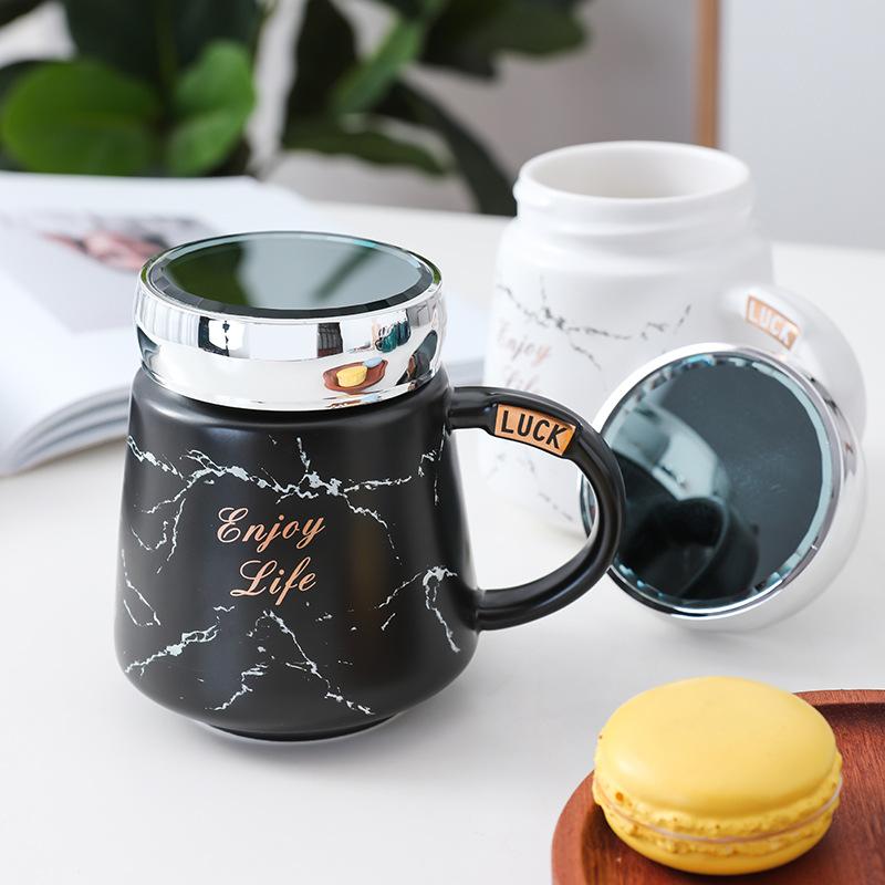 New Creative Mirror Cup, Mirror Cover Office Handle Ceramic Water Cup Activity Gift Mug with Lid