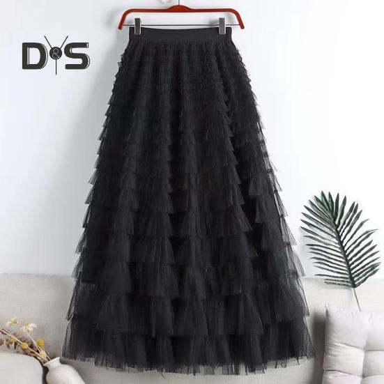 Dámská dortová sukně Jednobarevná sukně středního pasu Dlouhá sukně s elastickým pasem Síťovaný lem A-linii Maxi sukně pro každodenní nošení