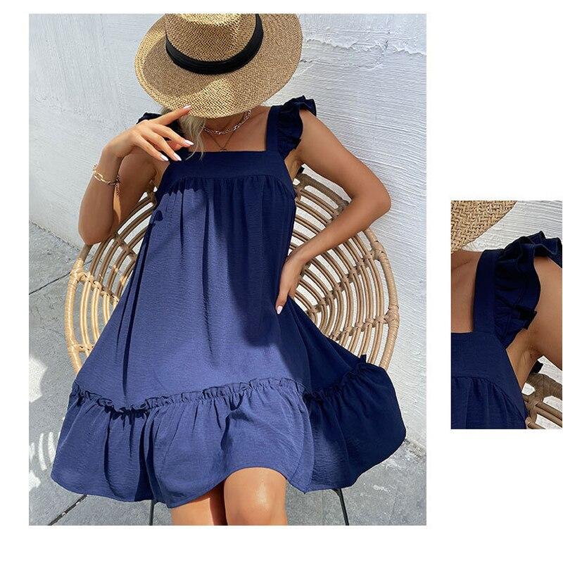 Casual Holiday Backless Beach Dress Summer Square Neck Ruffle Short Navy Dress 2023 Loose Strapless Sexy Dresses Vestidos 26010