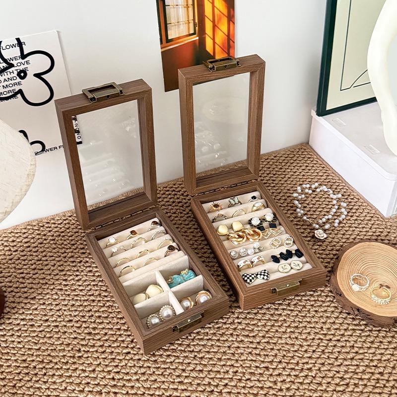 Compact Jewelry Storage Box: Solid Wood Black Walnut Display Stand for Necklaces, Earrings, Studs, Rings, and Bracelets.
