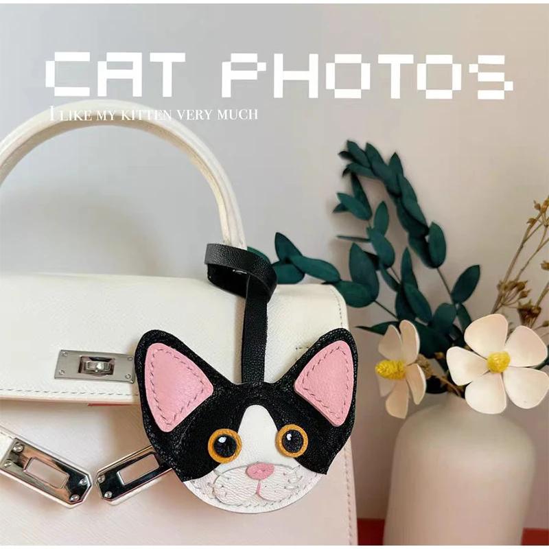Cat Theme Brand Latest Cowhide Bag Hanging Accessories Sheepskin High Quality Key Chain Backpack Charms Diy Bag Decor Great Gift