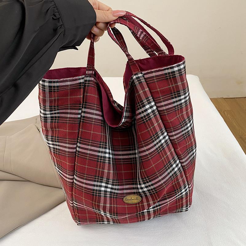Stylish Korean Literary Inspired Plaid Double-sided Shoulder Tote Bag For School Use