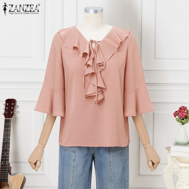 ZANZEA Blusa Casual para Mujer con Volantes, Cuello en V, Holgada, Manga 3/4, Lisa