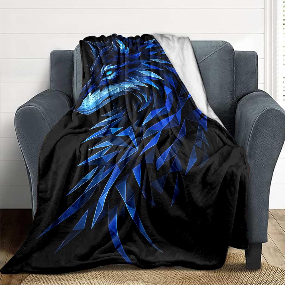 1pc Blue Wolf Head Soft & Warm Polyester Knit Blanket, Digital Printed, All-Season Throw for Napping, Traveling, Sofa yy250906030
