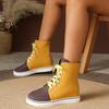 Yellow Color Leather  Shoelace Lace-Up Women Casual Sports Shoes Round Toe High-Top Sneakers Female Flat Sole Zapatillas New