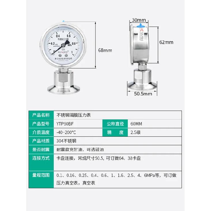 Bar/psi 1.5 Inch (50.5mm)Tri Clamp Diaphragm Pressure Gauge SS304 Stainless Steel Body SS316 Diaphragm Manometer
