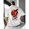 Men's Oversized White Cotton T-shirt with Japanese Ink-style Graphic of Red Moon Lantern Cherry Blossom Back Print Short Sleeve Crew Neck Casual