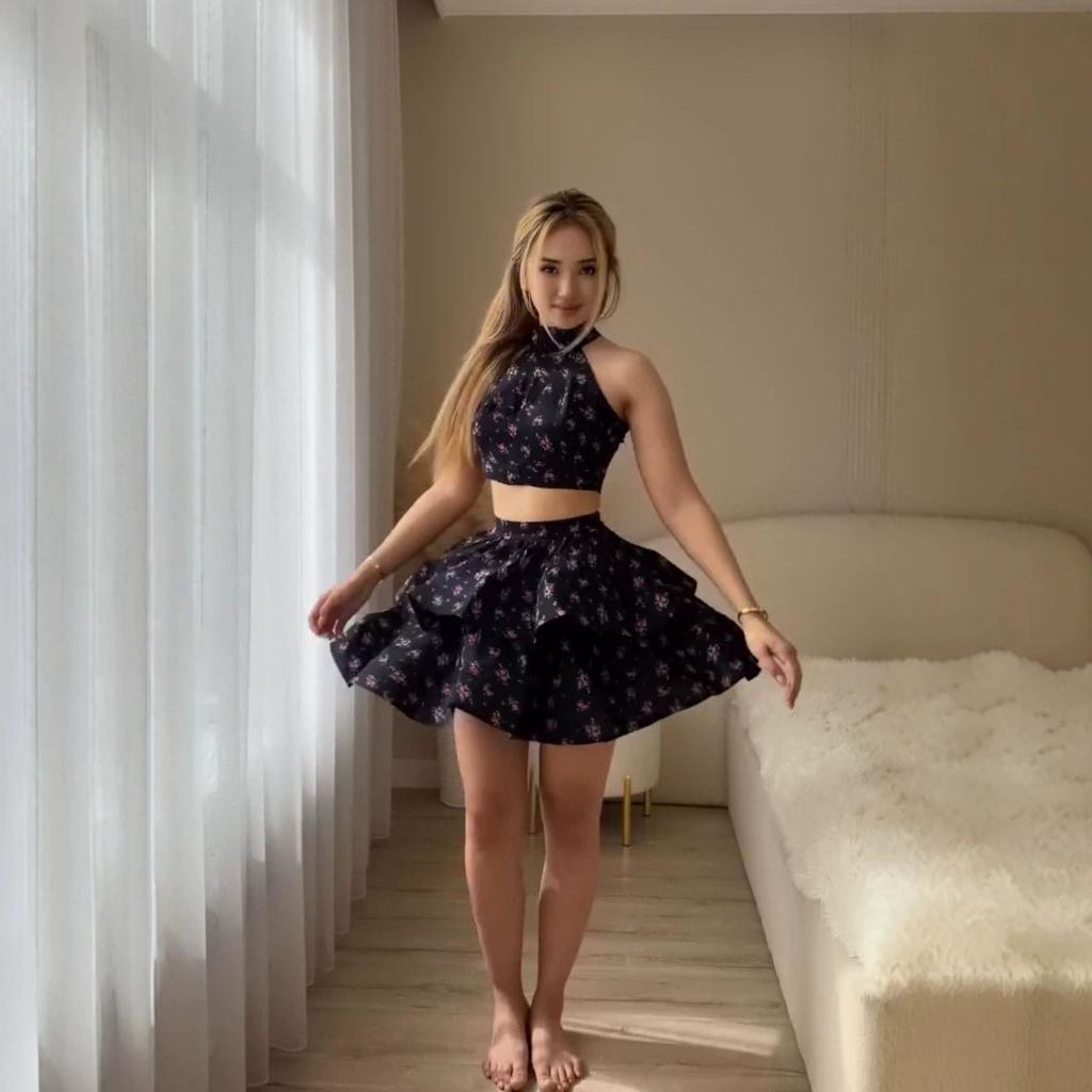 European and women's clothing new floral neck backless short top high waist ruffle edge short skirt set