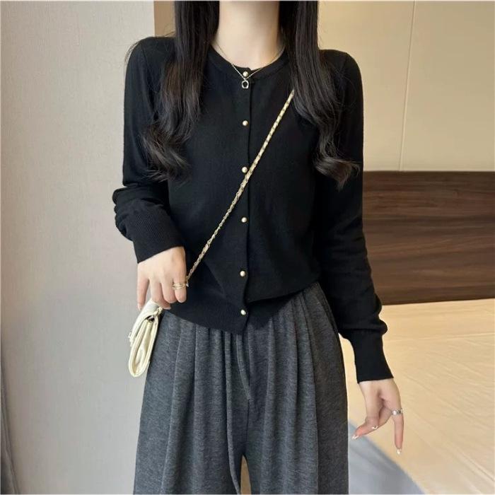 

Универсальный вязаный кардиган с круглым вырезом для женщин - Ранняя осень, свободный и стройнящий дизайн One Size чёрный