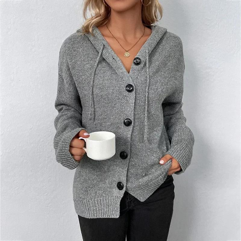 Women Knit Hooded Sweater Coat Single Breasted Thick Cardigan Solid Casual Splice Jumpers Full Sleeve Cardigans