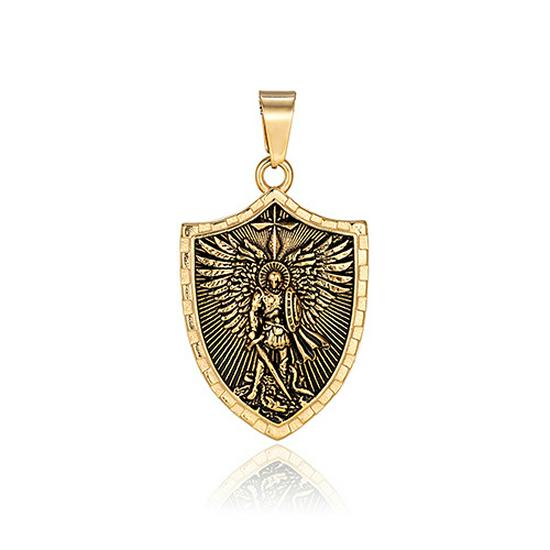 Saint Michael Archangel Stainless Steel Pendant Men's Necklace - Warrior Angel with Sword and Shield