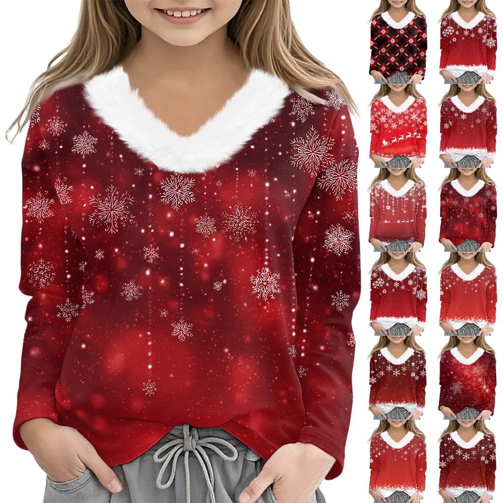 Christmas Day Girls Long Sleeve T Shirts Kids  Girls' V-Neck Tee Christmas Print Long Sleeve Top