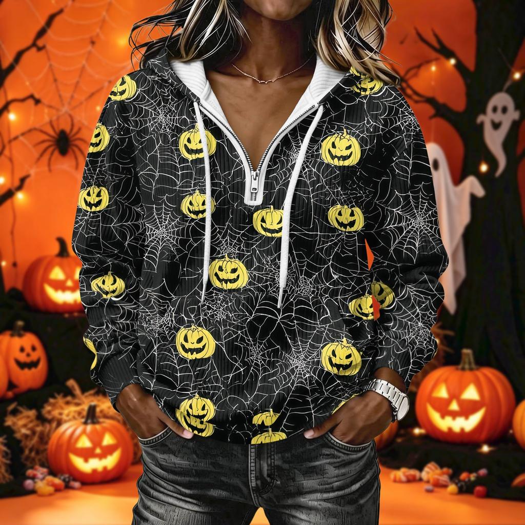 Women's Halloween Print Long Sleeve Hoodie Pullover Sweatshirt