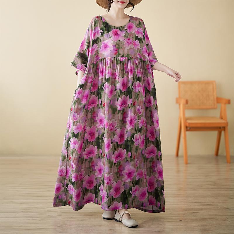 DIMANAF 2025 Women Plus Size Summer New Vintage Floral Dress Holiday Long Basic Short Sleeve Casual Loose Dress