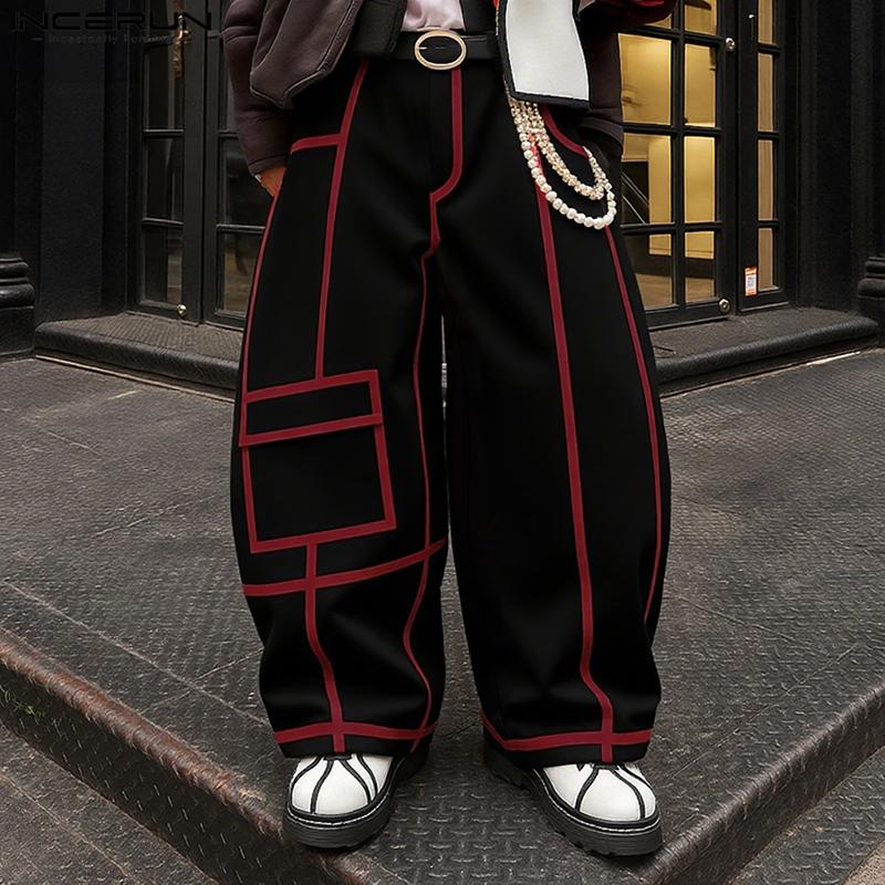 INCERUN Men Zipper Waist Stitching Casual Long Trousers Wide Legs Pants