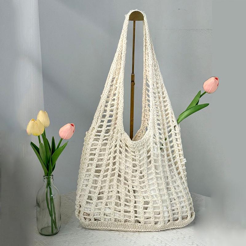 Solid Color Knitting Shoulder Bag Hollow Out Versatile Bohemian Crochet Tote Bag Large Capacity Casual Woven Handbag Women