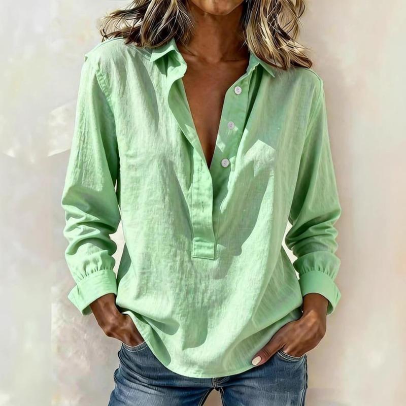 Spring Summer Linen Blend Half Button Down Shirt Long Sleeve Collared Casual Blouse