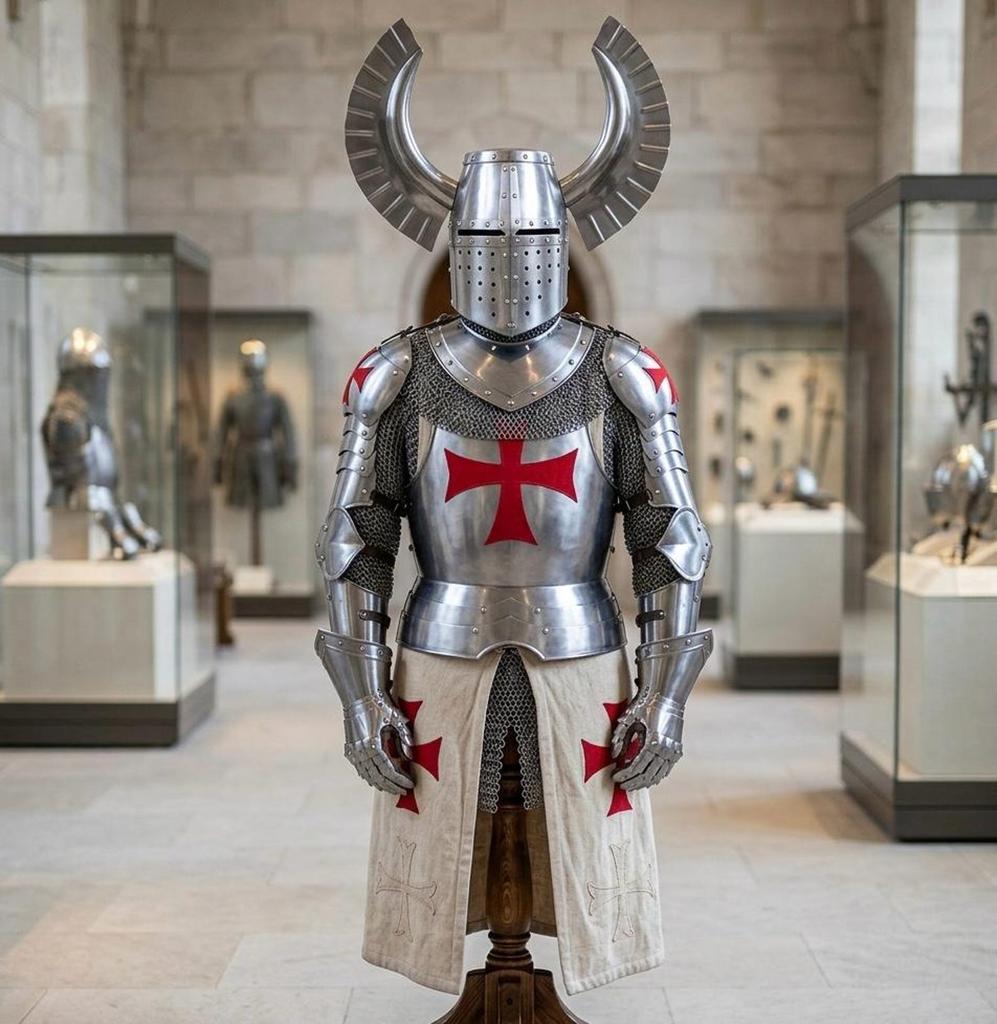 Wearable Templar Knight Costume Set with Viking Horned Helmet for Cosplay LARP Renaissance Fair