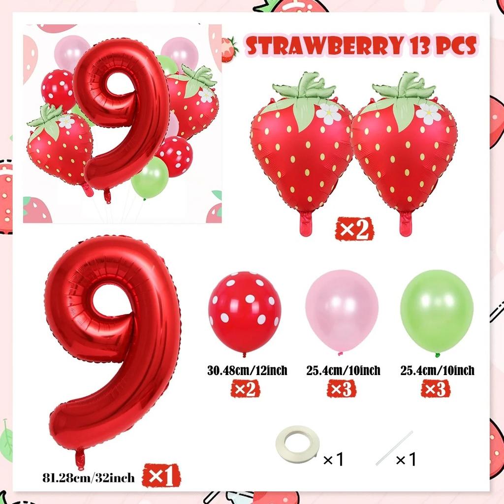 13pcs strawberry balloon aluminum foil balloon set with polka dot latex balloons for birthday party and anniversary decoration