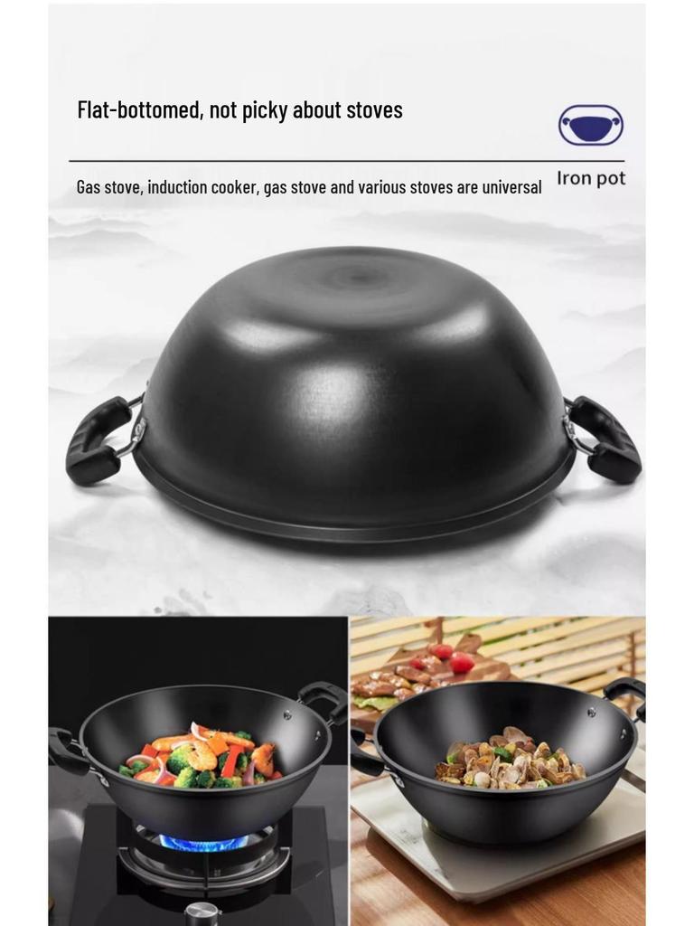 Robuster gusseiserner Wok mit zwei Griffen für Induktionskochfelder - Große Pfanne mit flachem Boden zum Braten.