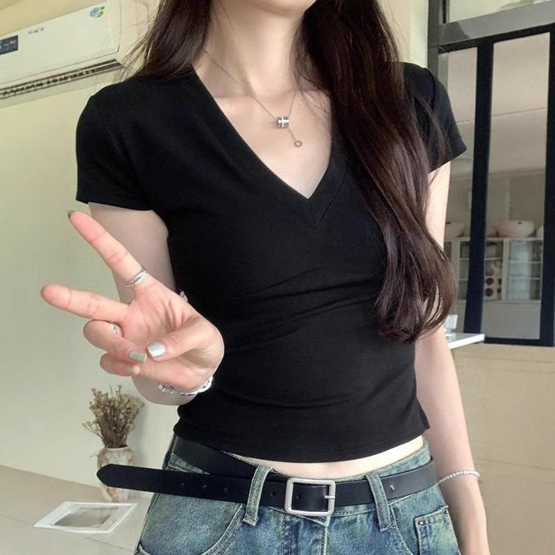 Women's White V-Neck Short-Sleeve Slim-Fit T-Shirt - Sexy Summer Style