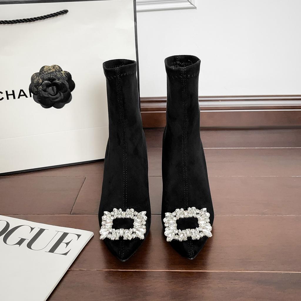 2025 Autumn and Winter New Elastic Boots Temperament Versatile Models Pointed Thin Heels Thin Boots Fashion Heels Colorful Rhinestone Buckle