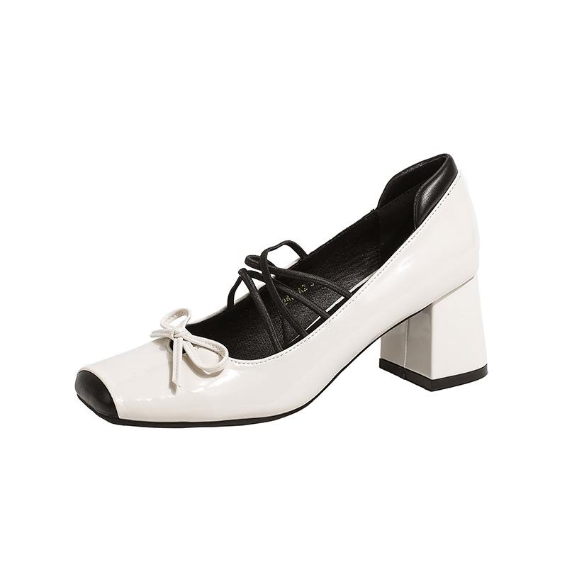 French retro color matching square head thick heel Mary Jane shoes female high heel fairy ballet shoes cross strap silver single shoes