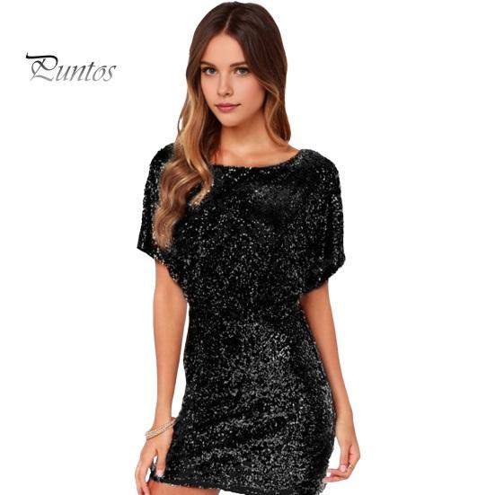

Женское мини-платье с круглым вырезом, коротким рукавом и открытой спиной, короткое платье с блестками и блестками, вечернее платье на бедрах M чёрный
