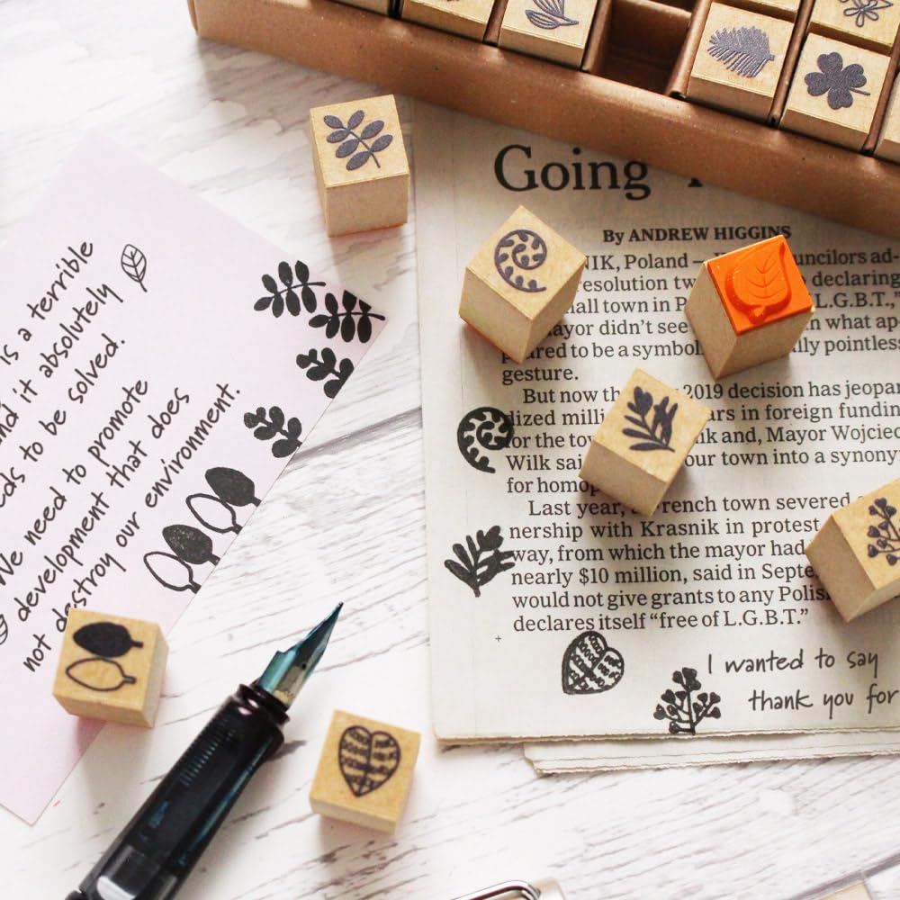 Cute Leaf Wooden Rubber Garden Made in Green Message Letter Flowers Stamps, Stamps, 54-Piece Set, Design, Japan, Eco-Friendly, Plants, Leaf,