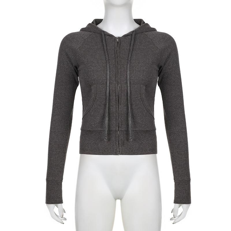 Gray Street Style Zip Up Hooded Sweatshirt Slim Fit Women S Casual Top