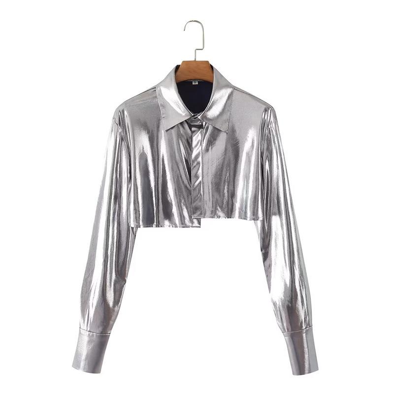 

Весна Осень Женская мода блестящая рубашка стиль короткая куртка M