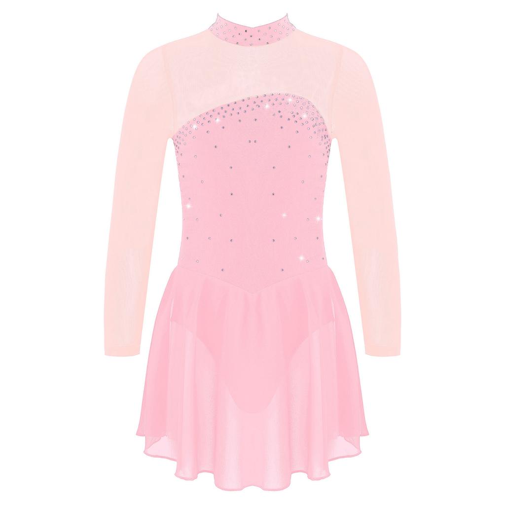 Pailletten Figur Eislaufen Roller Skating Tanz Kostüm Frauen Tüll Gymnastic Trikot Lange Ärmel Mesh Splice Ballett Dancewear