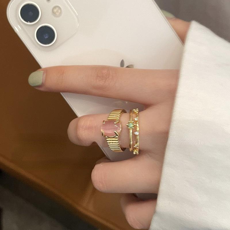 Gold Pink Opal Zircon Ring Women'S Light Luxury Gemstone Niche Design Sense Opening Senior Personality