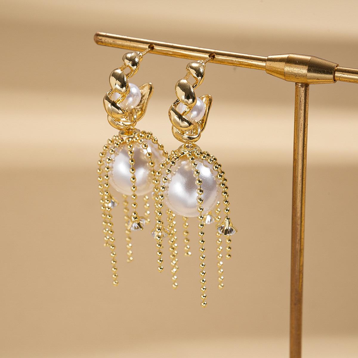Zircon imitation pearl round fringed silver needle earrings exquisite stud earrings premium earrings