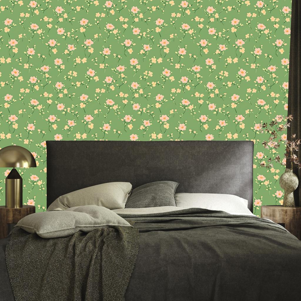 Cottagecore Flowers Wallpaper Green, Lime and Beige 50x1000