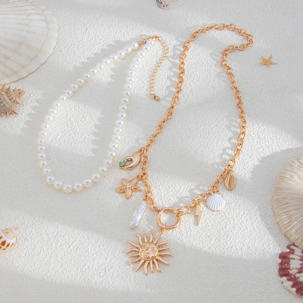 Bohemian Pearl Beaded Necklace Starfish Shell Pendant Necklace Holiday