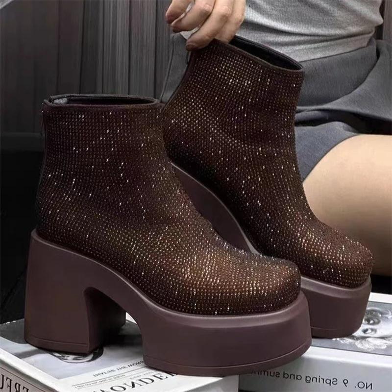 Crystal High Heels Ankle Boots for Women's Elegant Chunky Shoes  New Pumps Chelsea Boots Winter Luxury Party Mujer De Botas