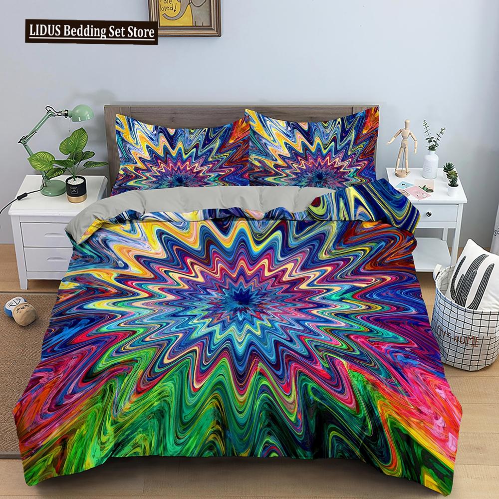 Psychedelic Duvet Cover Set For Kid Adult Boy Comforter Cover Fractal Art Abstract Artwork Polyester Bedding Set King Queen Size
