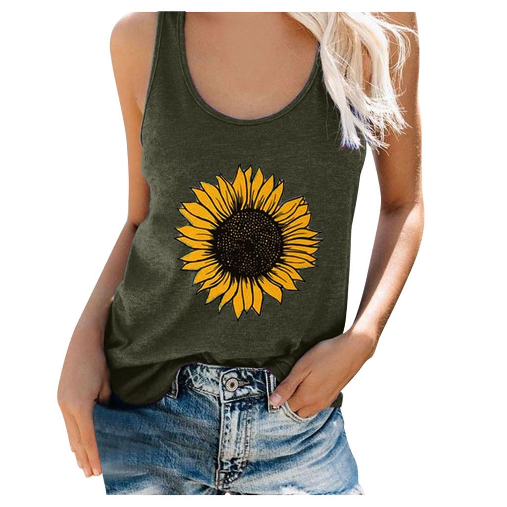 Frauen Plus Größe Sommer Sonnenblumen Druck Rundhals Ärmelloses T-shirt Top Tank