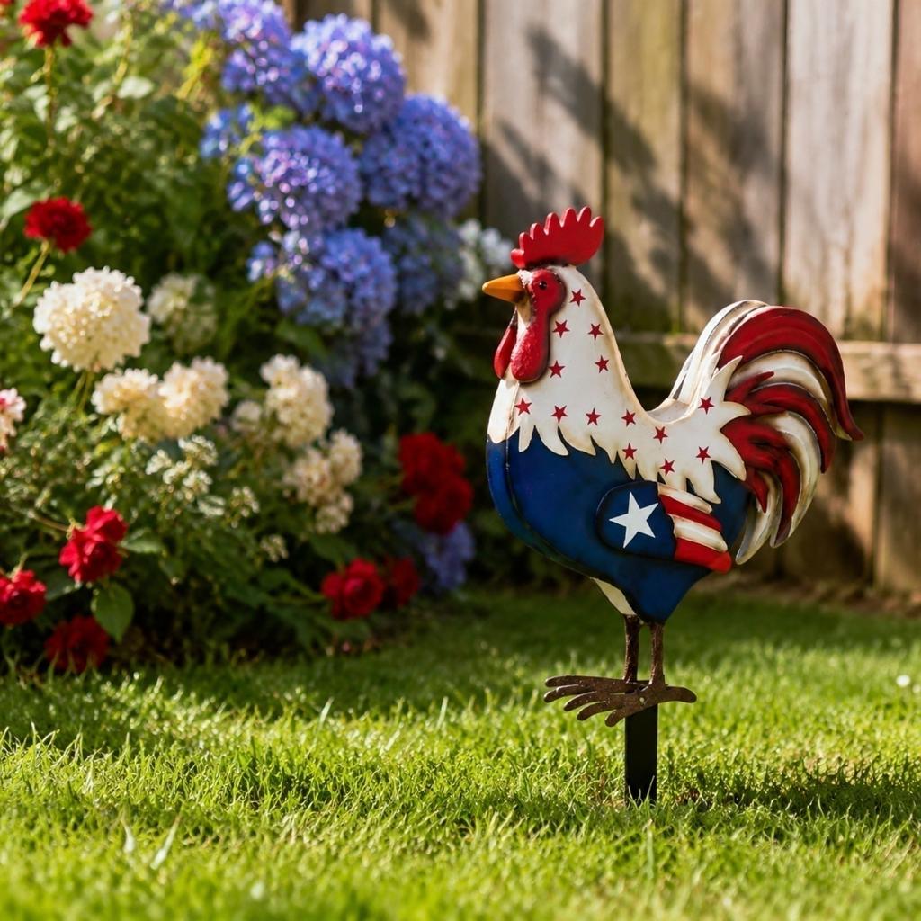 2D Flat Rooster Garden Stake Outdoor Yard Decoration Metal Lawn Ornament for Patio Lawn and Garden