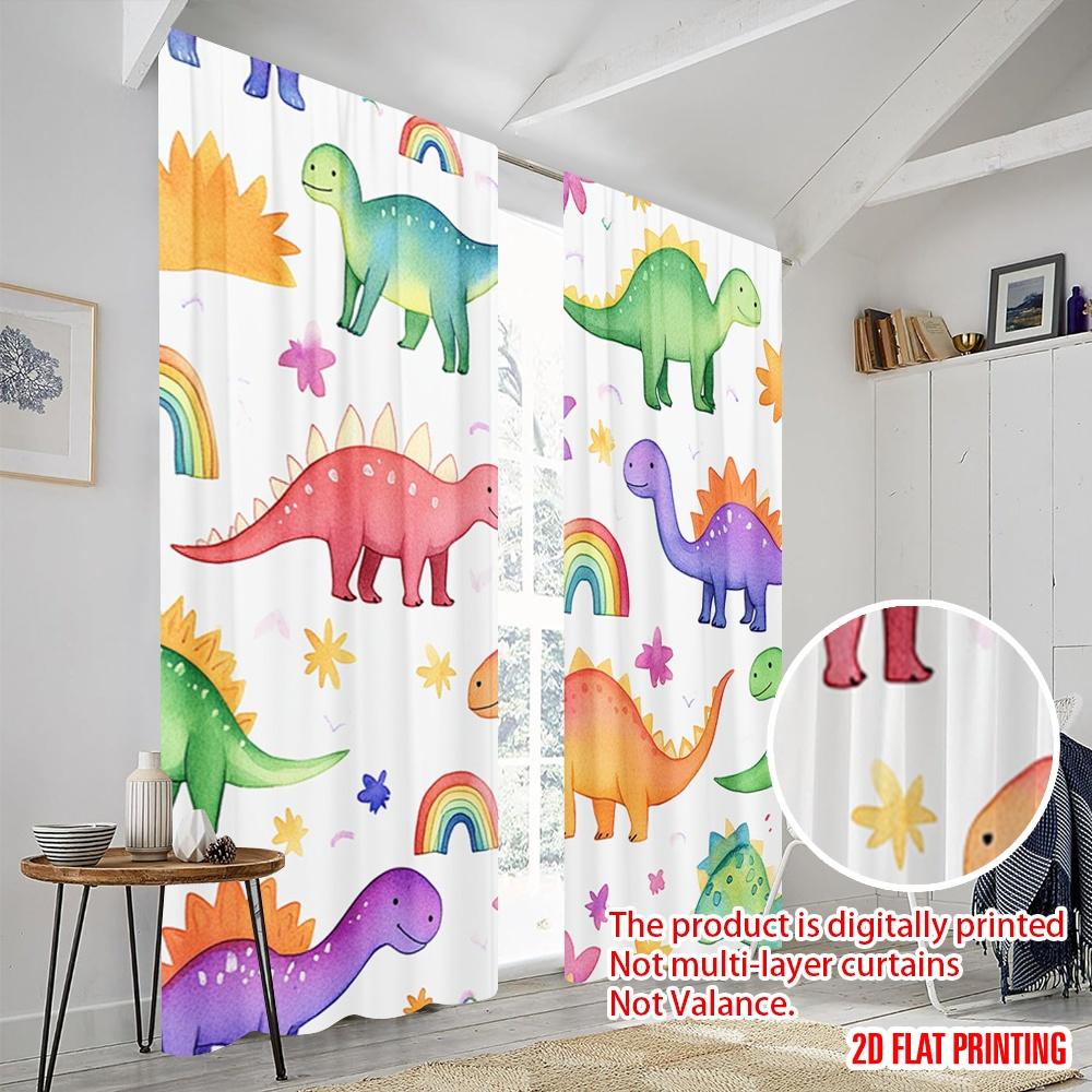 2pcs,2D Plane Printing Curtains&Window Treatment Dinosaur Rainbow Flower Versatile 100% Polyester (without Rod) Art Deco Festive